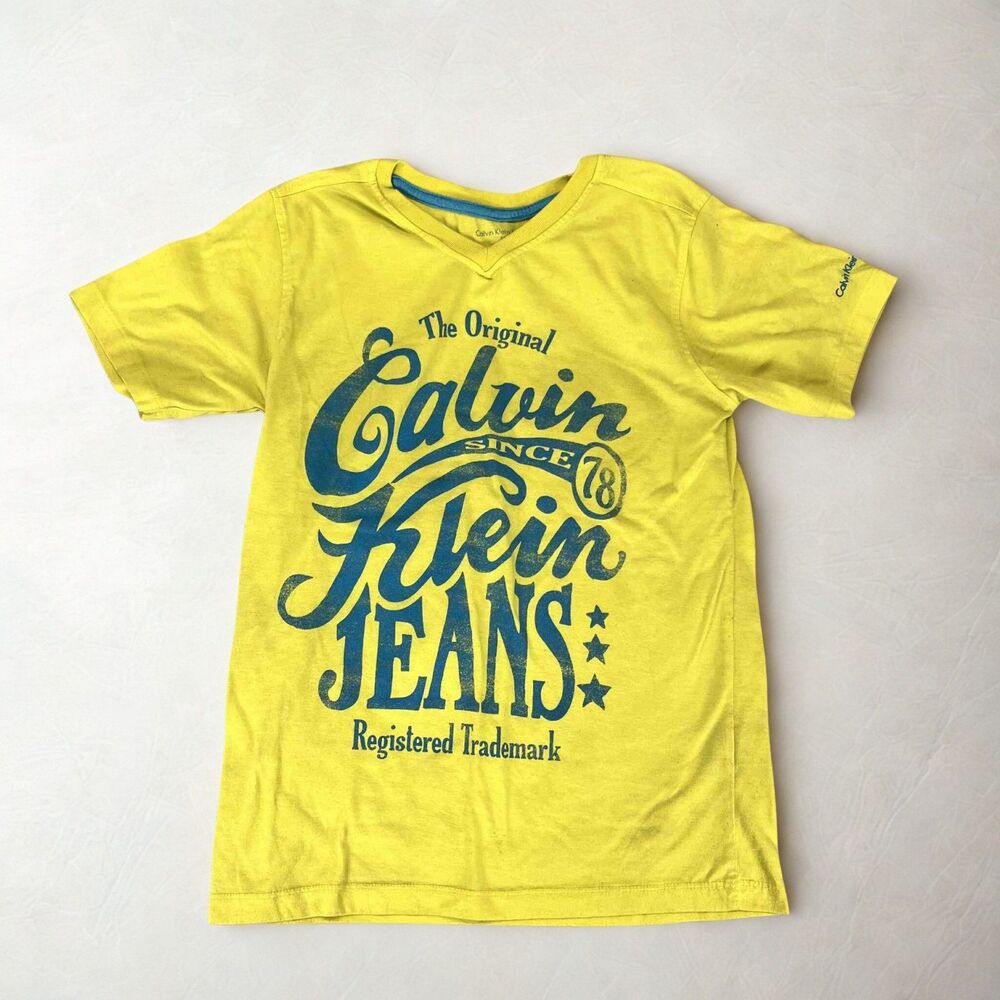 Calvin Klein Jeans T-Shirt Boys M Yellow Graphic Crew Neck Short Sleeve Tee